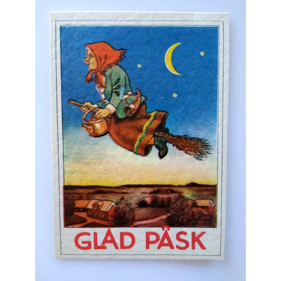 Easter Witch Postcard Fantasy Glad Pask Riding Broom Crescent Moon Stars Sweden - Picture 2 of 3